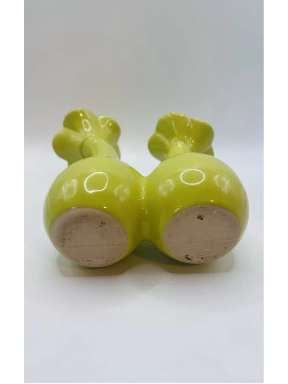 Vintage Chartreuse Double Bulb Ceramic Vase Yellow Green Whimsical Two Stem